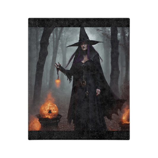 Witch and Fire Cauldron Blanket, Cozy Microfiber Blanket, Mystical Witch Blanket, Halloween Decor Blanket, Witch-Inspired Blanket Soft, Velveteen Blanket, Fantasy Witch Blanket, (Color Black)