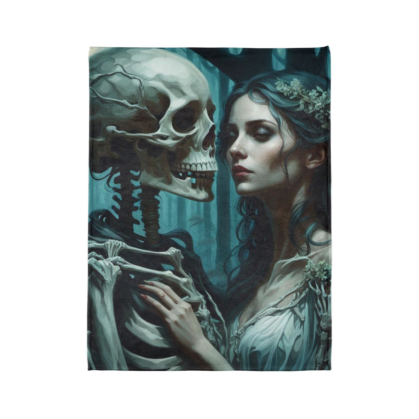 Gothic Love Skull Blanket, Romantic Skull and Lady Throw Blanket, Soft Polyester Gothic Decor, Skull Couple Embrace Blanket, Cozy Gothic Romance Bedding