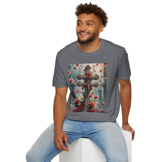 Cross and Roses T-Shirt, Jesus on the Cross Tee, Religious Graphic Tee, Faith-Inspired Apparel Christian Symbolism Shirt, Jesus and Cross Graphic Tee.