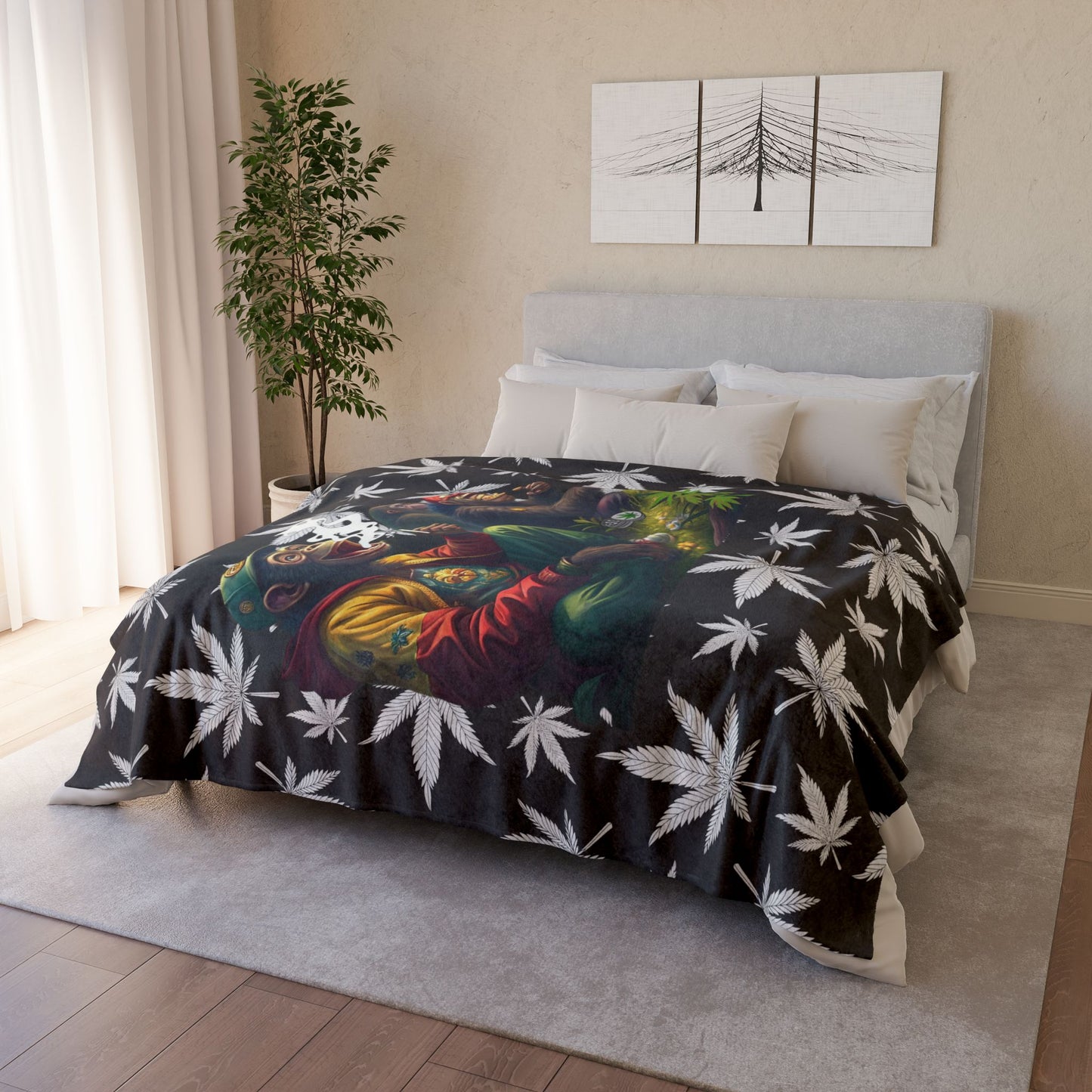 Funny Monkeys Smoking Weed Blanket, Whimsical Grass Scene Throw Blanket, Soft Polyester Stoner Blanket, Cannabis-Inspired Cozy Blanket, Playful Laughter Scene Bedding