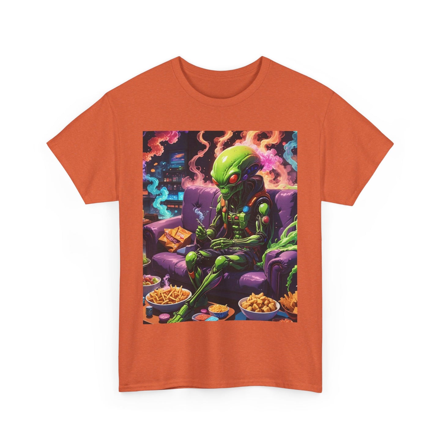 Alien Chilling Weed Tee, Fun Graphic Alien T-Shirt, Colorful Smoke Alien Design Shirt, Unique Weed-Themed Clothing, Unisex Heavy Cotton Tee.