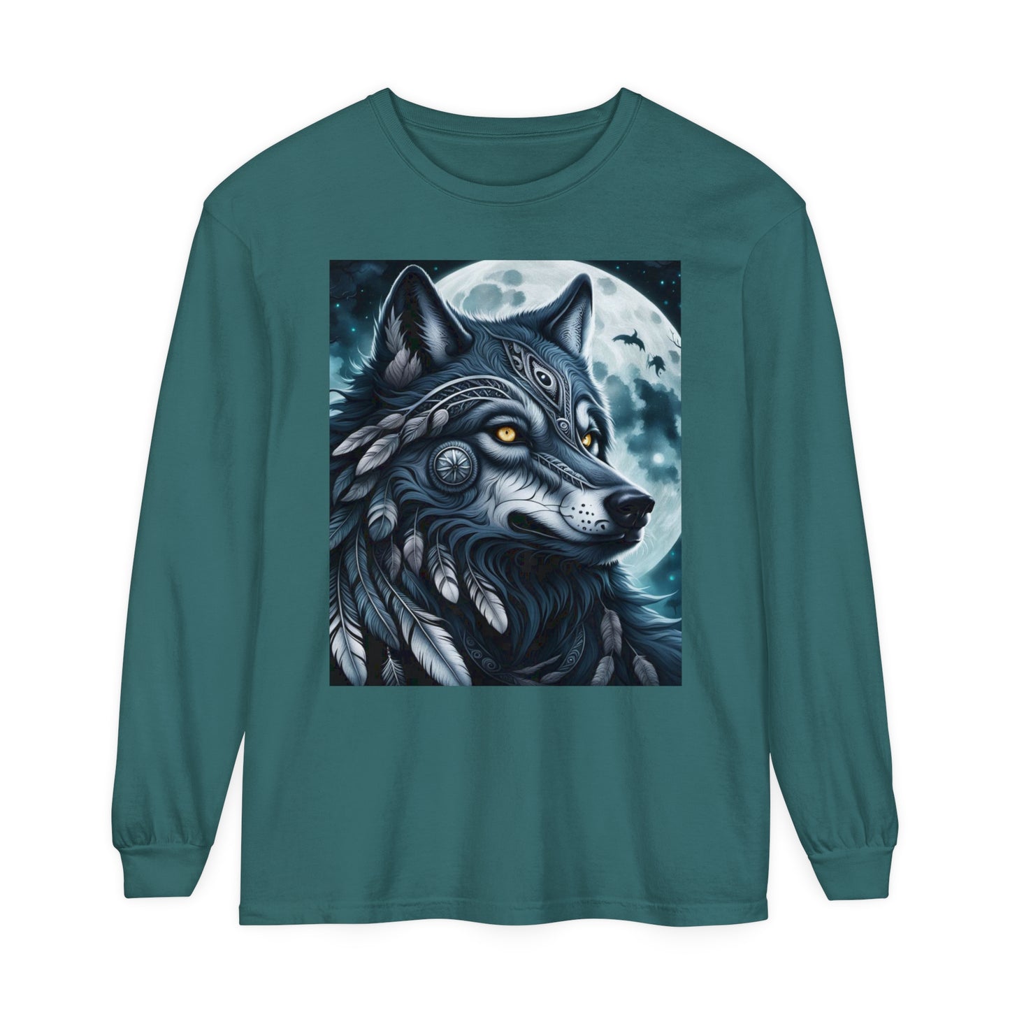 Long-Sleeved Tee Spirit Wolf Shirt, Indian Wolf Design Tribal Headdress Tee, Black and White Apparel, Casual Long Sleeve Wolf Top, Artistic Wolf Design.