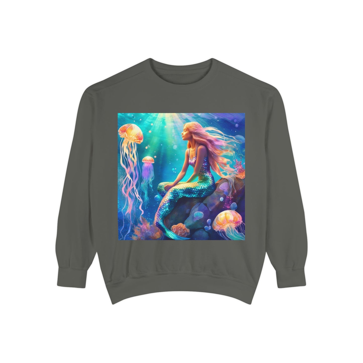 Mermaid Sweatshirt, Ocean Mermaid Sweatshirt, Mermaid Lovers Gift, Jelly fish and Mermaid sweatshirt, Colorful Mermaid Sweatshirt, Unisex Garment-Dyed Sweatshirt.