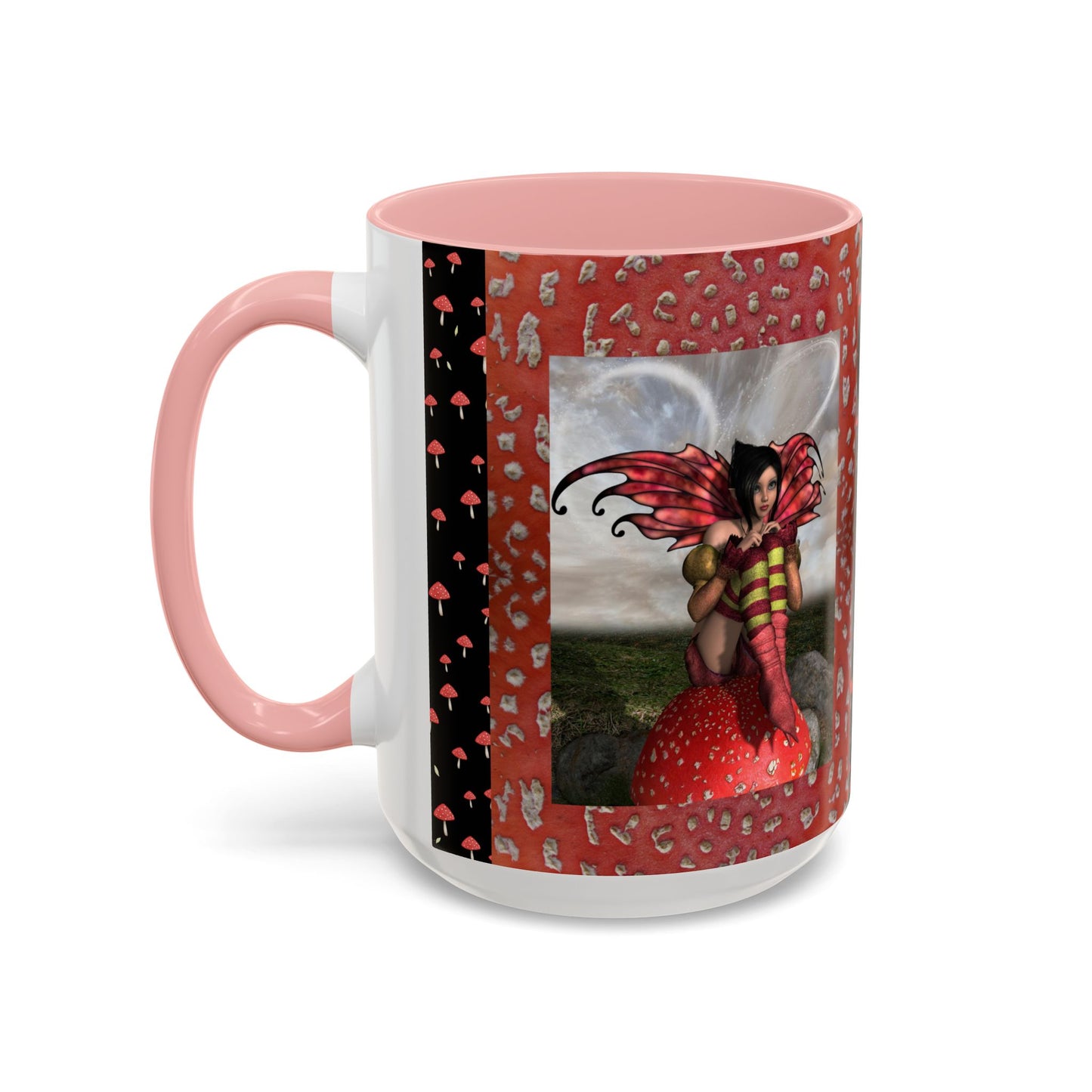 Fairy Coffee Mug, Red Mushroom Fairy Cup, Whimsical Ceramic Mug, Black and Red Mushroom Mug, Nature-Inspired Drinkware, Magical Fairy Tale Coffee Cup, (11, 15oz)