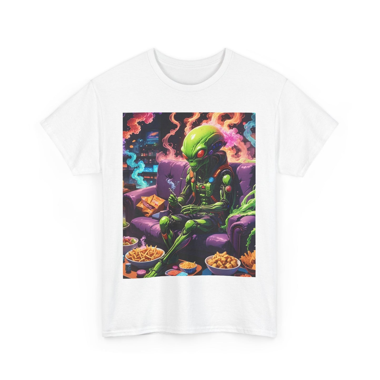 Alien Chilling Weed Tee, Fun Graphic Alien T-Shirt, Colorful Smoke Alien Design Shirt, Unique Weed-Themed Clothing, Unisex Heavy Cotton Tee.