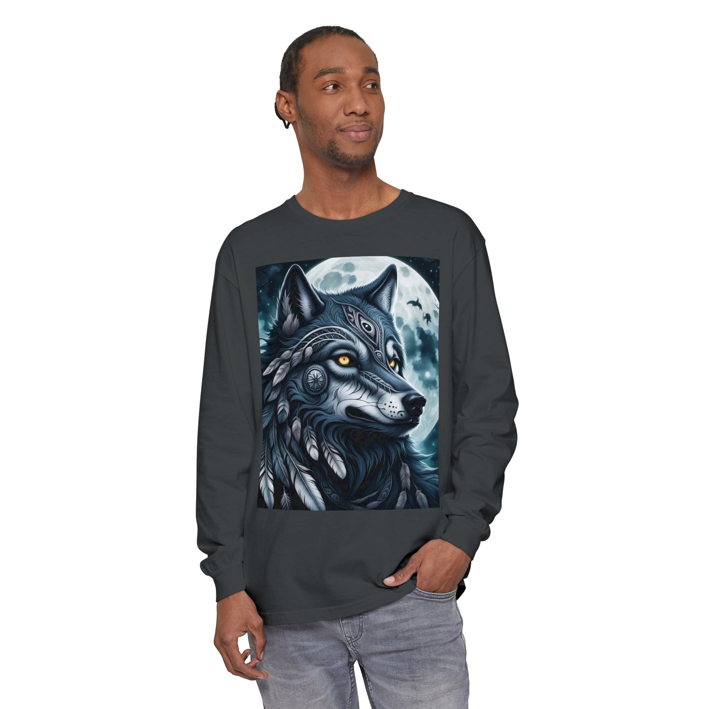 Long-Sleeved Tee Spirit Wolf Shirt, Indian Wolf Design Tribal Headdress Tee, Black and White Apparel, Casual Long Sleeve Wolf Top, Artistic Wolf Design.