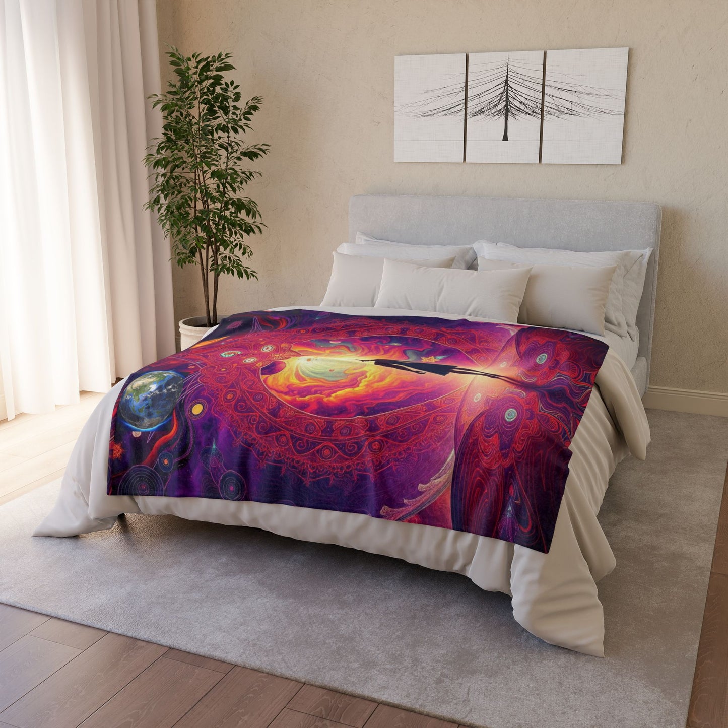 Galaxy-themed blanket, Mystical altar design, Woman in space Spiritual deco,Soft Polyester Blanketr Cosmic, scene Celestial Blanket, sunrise Universe and stars Blanket, Sun rising in galaxy.