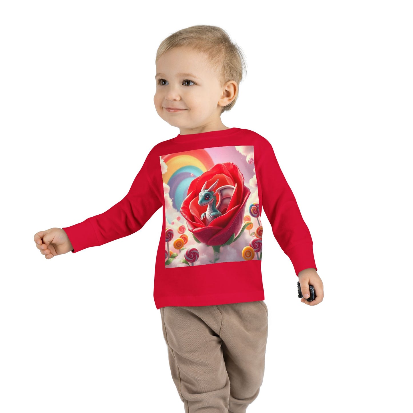 Toddler dragon tee, Toddler long-sleeved shirt, Soft and comfy tee, Mythical creature shirt, for kids Fantasy-themed toddler wear, Dragon and rose design, Toddler Long Sleeve Tee