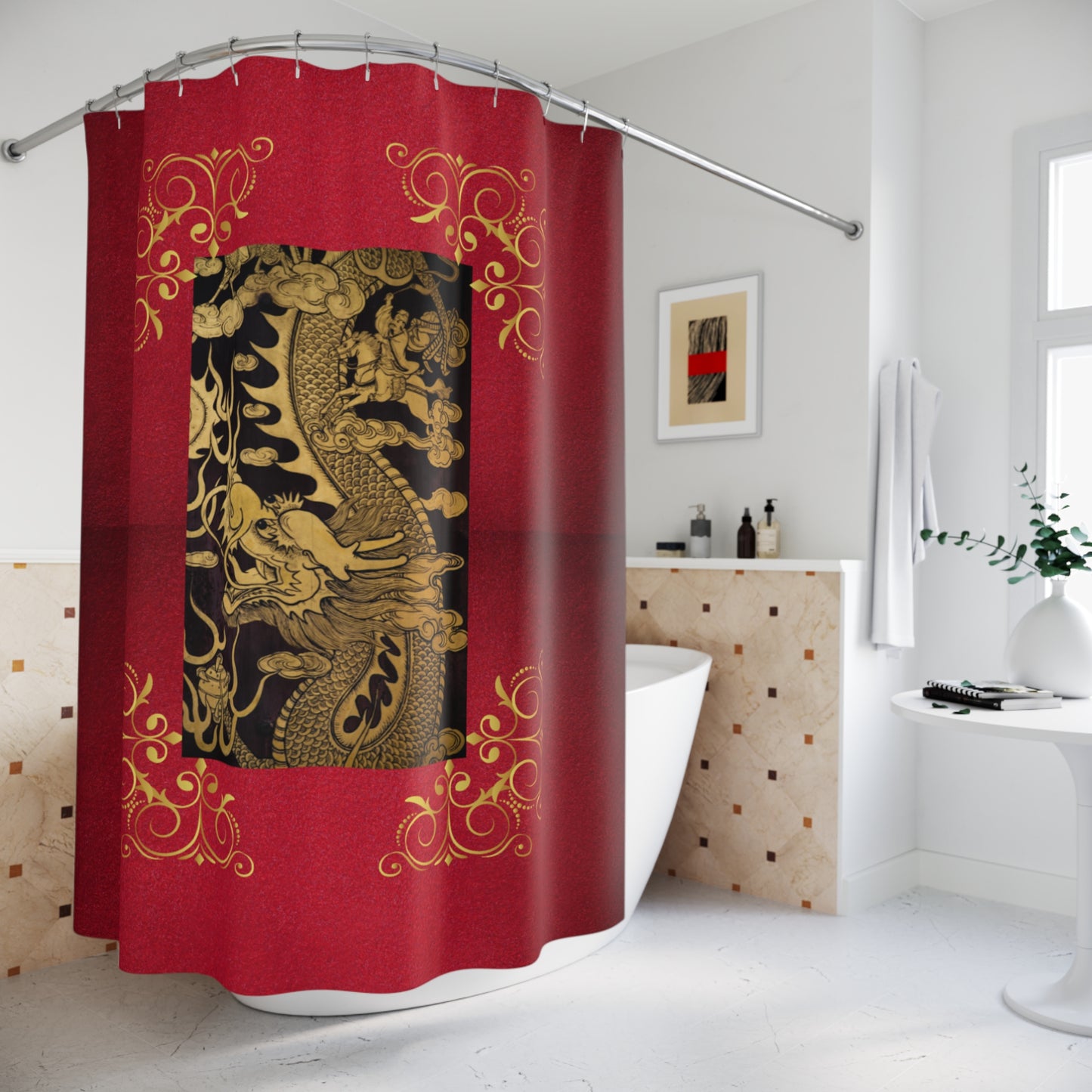 Chinese Dragon Shower Curtain, Red and Gold Bathroom, Curtain Dragon-Themed Shower Curtain, Elegant Chinese Dragon Curtain, Chinese Culture Bathroom Decor.