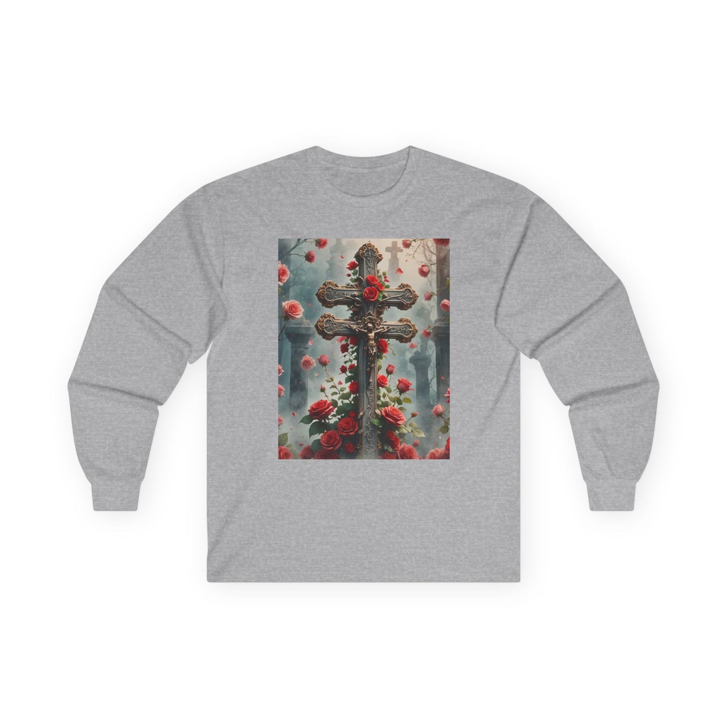 Cross and Roses Long Sleeve Shirt, Jesus on the Cross Long-Sleeved Tee, Religious Graphic Long-Sleeved Shirt, Faith-Inspired Long Sleeve Apparel.