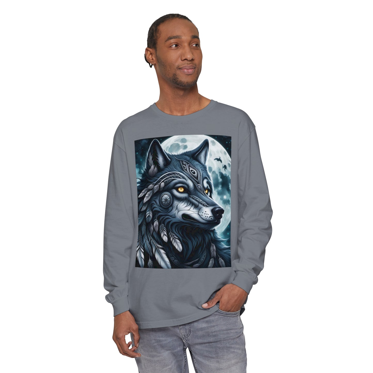 Long-Sleeved Tee Spirit Wolf Shirt, Indian Wolf Design Tribal Headdress Tee, Black and White Apparel, Casual Long Sleeve Wolf Top, Artistic Wolf Design.