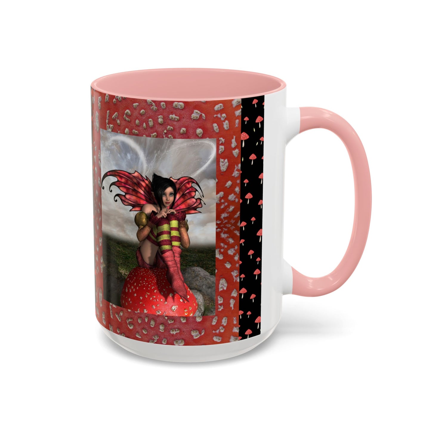 Fairy Coffee Mug, Red Mushroom Fairy Cup, Whimsical Ceramic Mug, Black and Red Mushroom Mug, Nature-Inspired Drinkware, Magical Fairy Tale Coffee Cup, (11, 15oz)