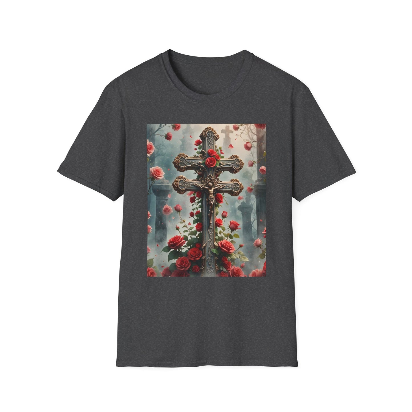 Cross and Roses T-Shirt, Jesus on the Cross Tee, Religious Graphic Tee, Faith-Inspired Apparel Christian Symbolism Shirt, Jesus and Cross Graphic Tee.