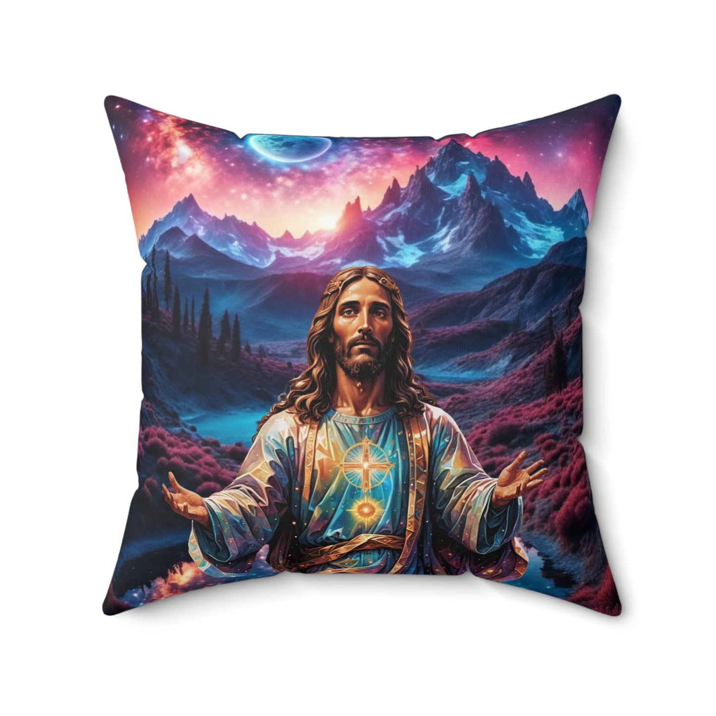 Jesus Decor Pillowcase, Spiritual Home Decor, Jesus Square Pillow Cover, Faith-Inspired Pillowcase, Religious Pillowcase, Housewarming Gift, Religious Pillowcase with Mountains.