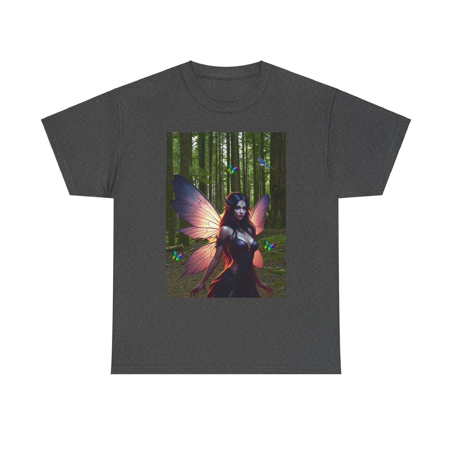 Fairy in the Woods Tee, Unisex Fantasy Tee, Rainbow Butterflies Shirt, Unisex Heavy Cotton Tee, Fairy gift Idea for her, Enchanted Tee.