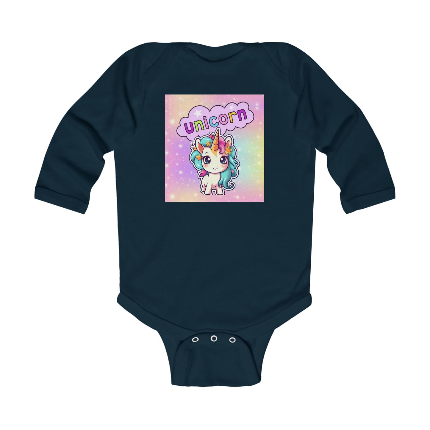 Infant Unicorn Bodysuit Baby, Unicorn Rainbow Onesie, Long Sleeve Baby Graphic Bodysuit, Adorable Unicorn Baby Clothing, Magical Baby Long Sleeve Romper.