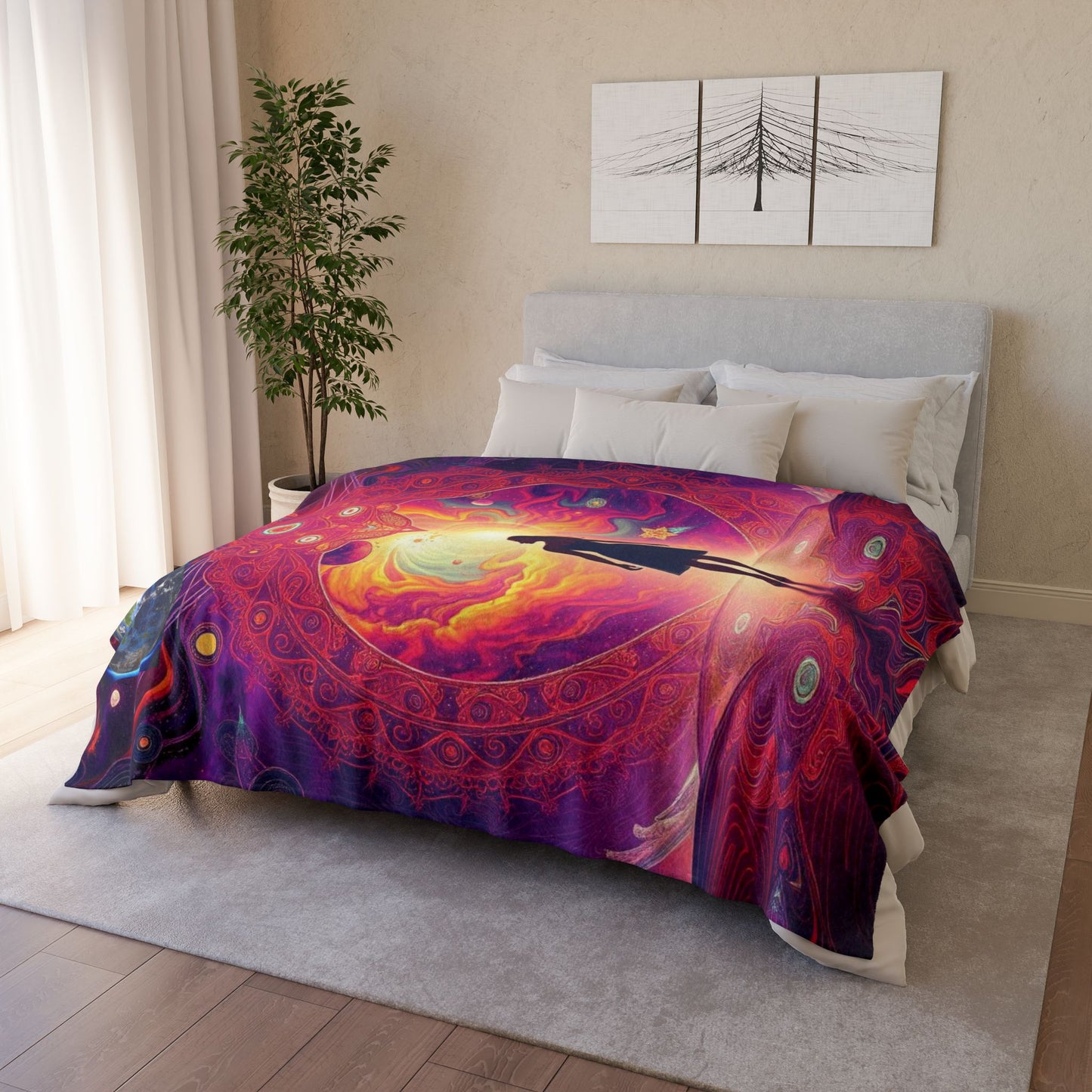 Galaxy-themed blanket, Mystical altar design, Woman in space Spiritual deco,Soft Polyester Blanketr Cosmic, scene Celestial Blanket, sunrise Universe and stars Blanket, Sun rising in galaxy.