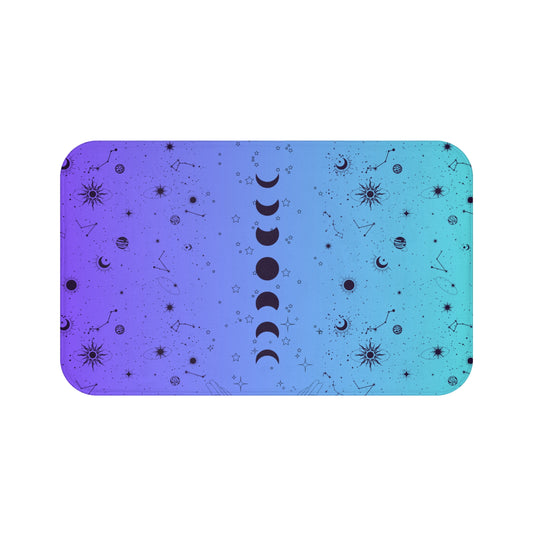 Purple and Aqua Bathmat, Moon Phases Bathroom Decor, Star Signs Bathmat, Moon and Stars Bathmat, Zodiac-Inspired Bathmat, Cosmic Home Decor.