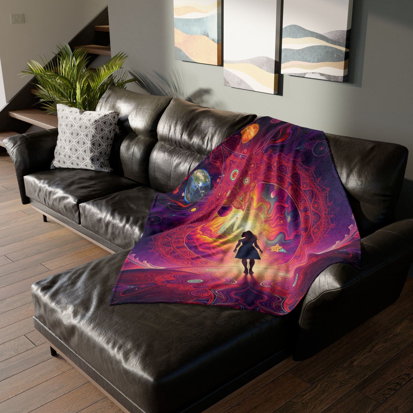 Galaxy-themed blanket, Mystical altar design, Woman in space Spiritual deco,Soft Polyester Blanketr Cosmic, scene Celestial Blanket, sunrise Universe and stars Blanket, Sun rising in galaxy.