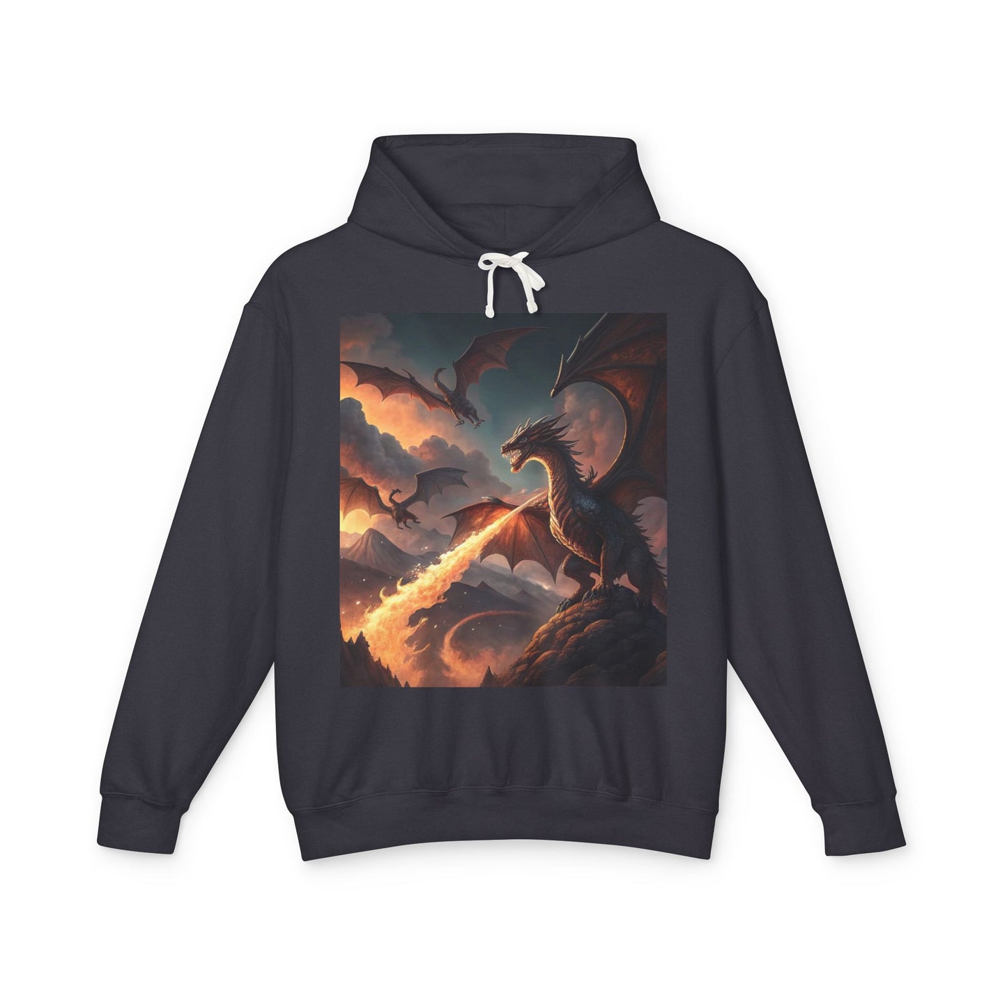 Dragon Graphic Hoodie, Fire-Breathing Dragon Pullover, Pocket-Free Dragon Hoodie, Fantasy-Inspired Hoodie, Mythical Creature Hooded Sweatshirt, Sleek Dragon Apparel.