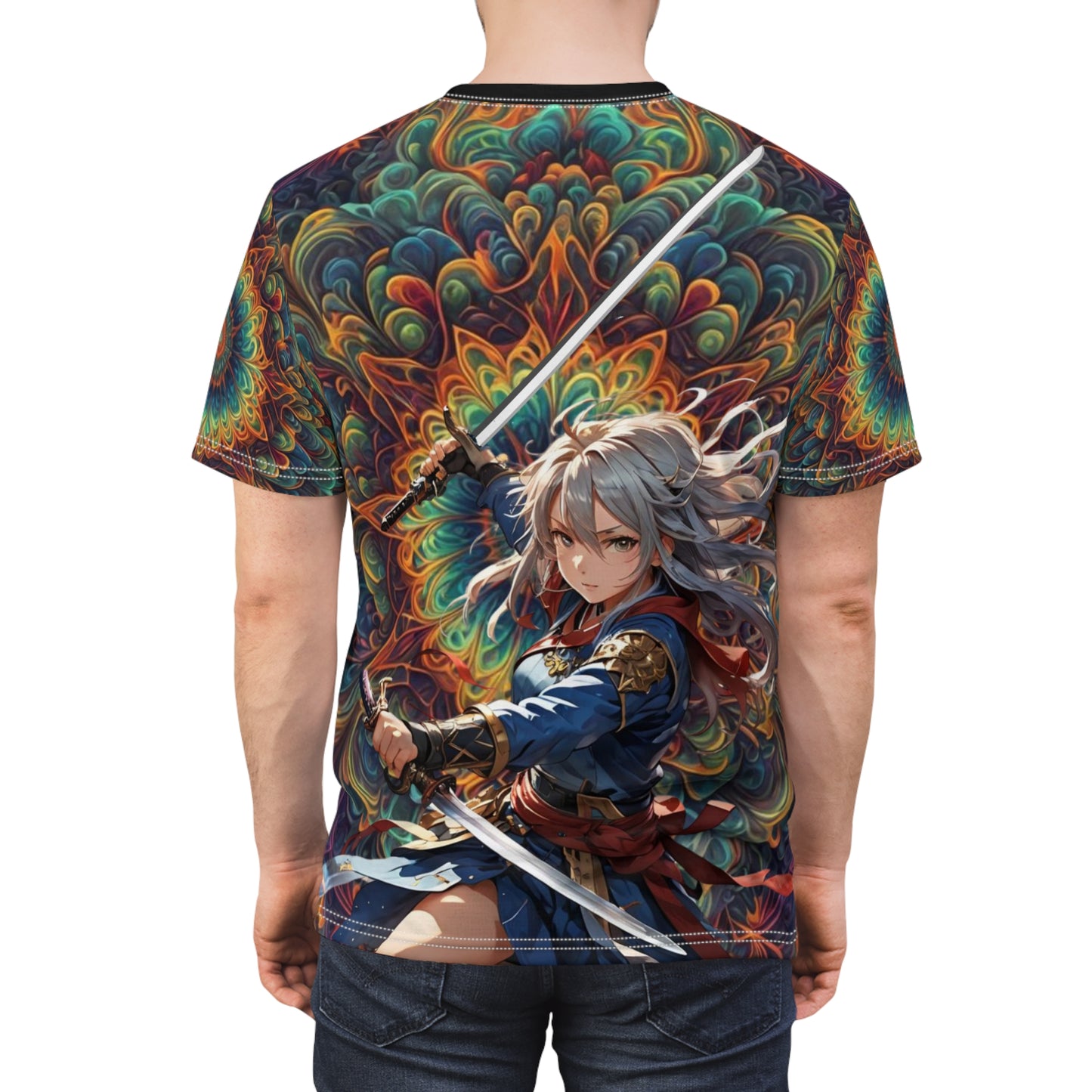 Rainbow Katana Girl T-shirt, Anime Sword Girl Tee, Colorful Samurai Girl T Shirt, All-Over Print Rainbow Graphic Tee, Gift for Anime Lovers,