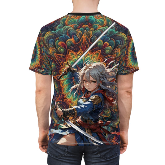 Rainbow Katana Girl T-shirt, Anime Sword Girl Tee, Colorful Samurai Girl T Shirt, All-Over Print Rainbow Graphic Tee, Gift for Anime Lovers,