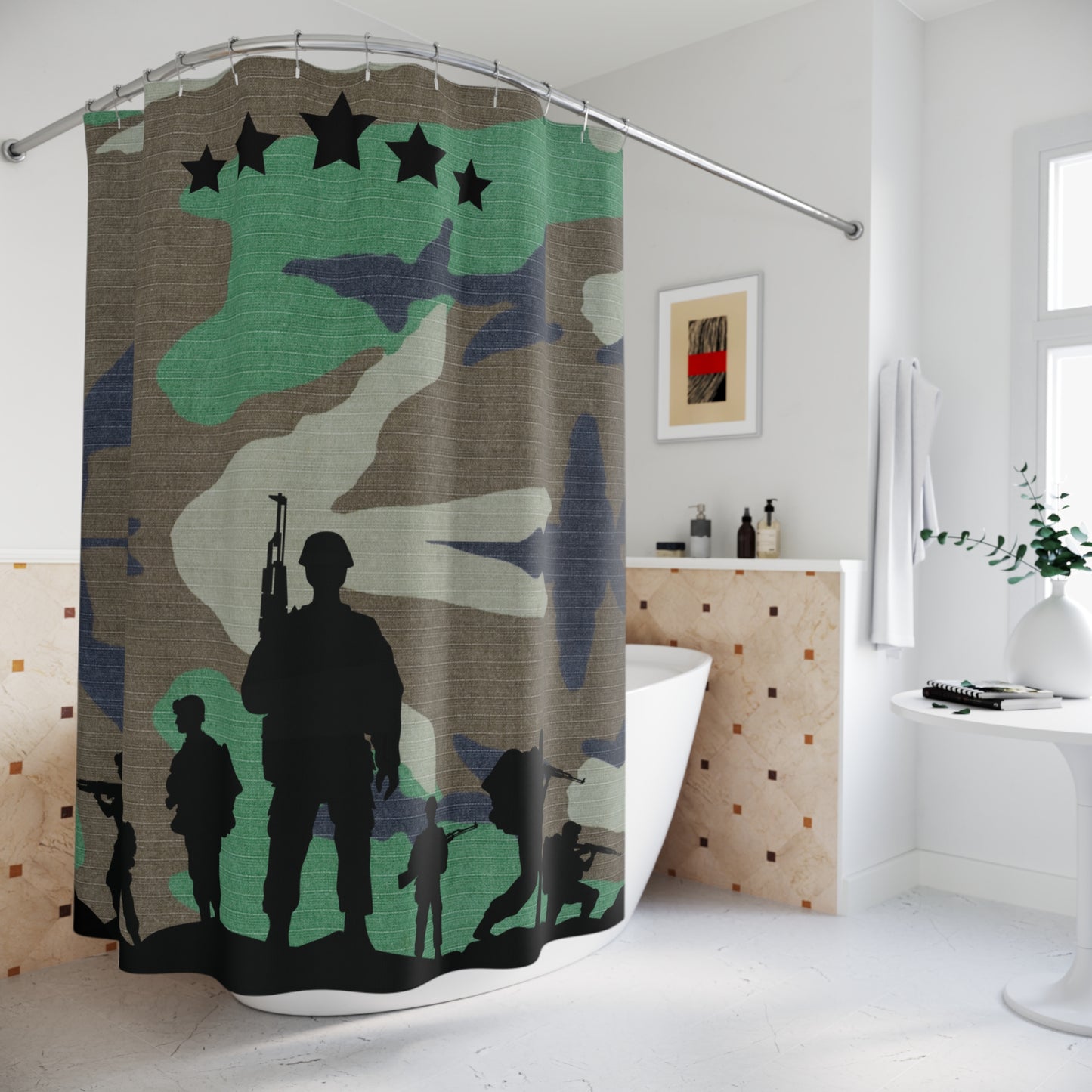 Army shower curtain, camouflage shower curtain, military shower decor, patriotic bathroom decor, army men and stars design, Shower Curtains, military-inspired home decor.