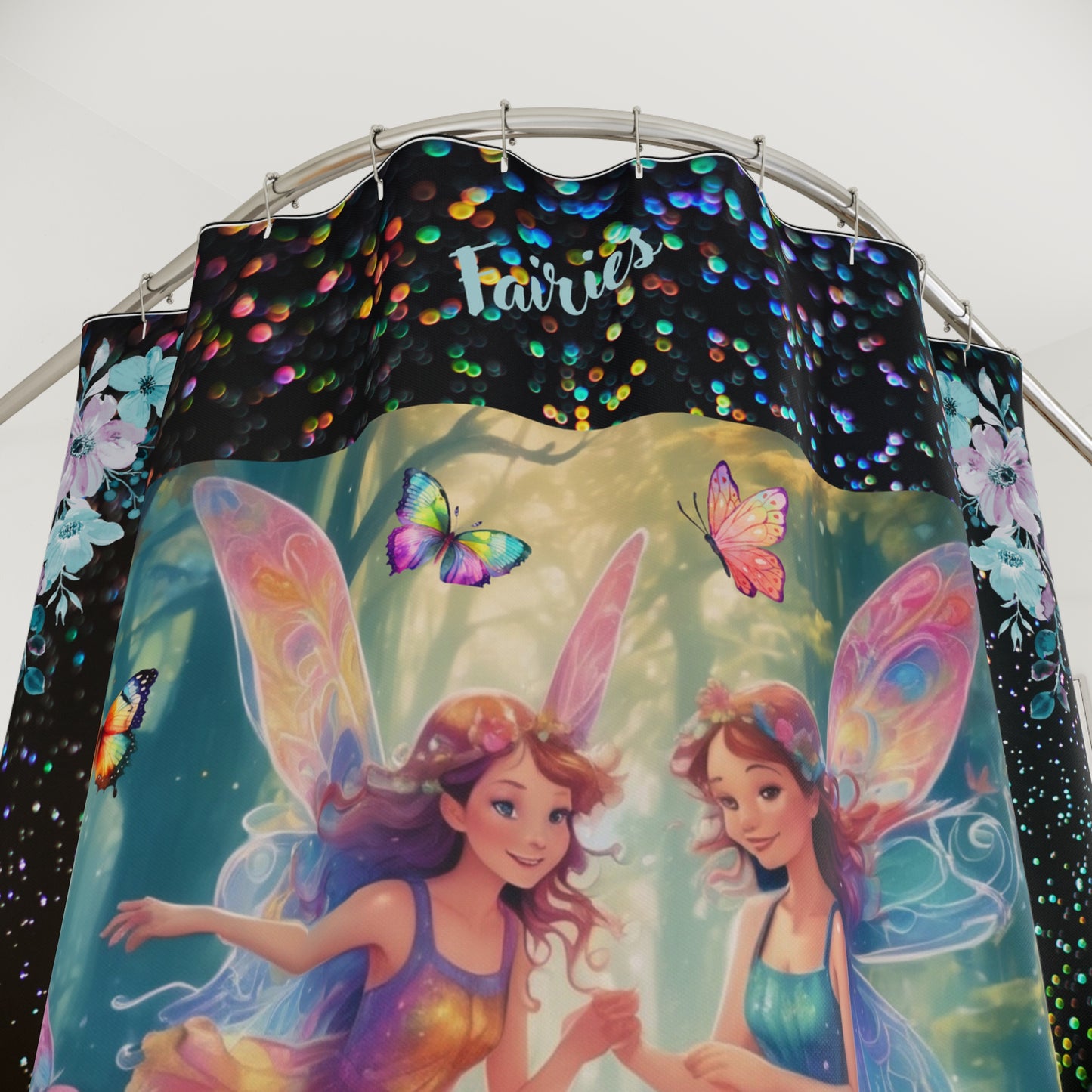 Fairies at Play Shower Curtain, Bathroom Colorful Fairy and Butterfly Curtain, Black and Speckled Shower Curtain, Magical Fairy Bathroom Accessories, Enchanting Bathroom.