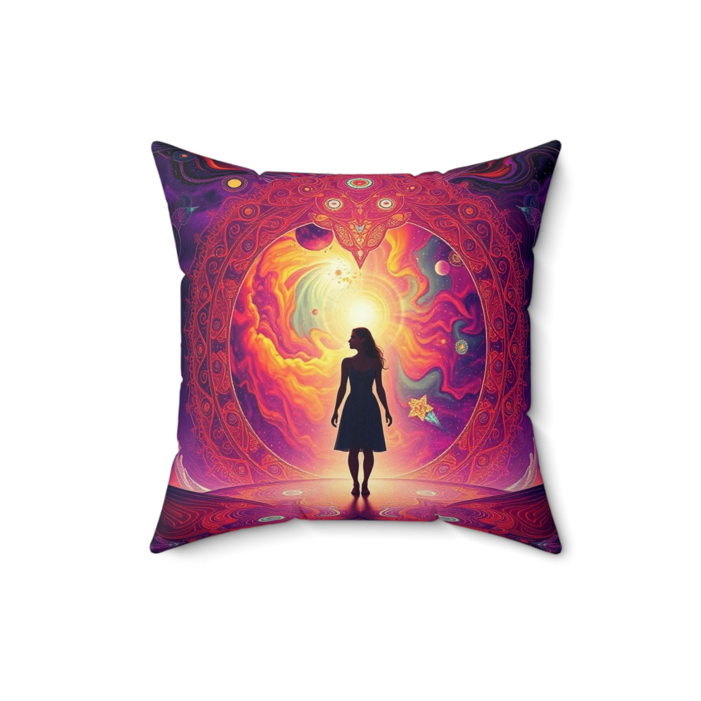 Mystical galaxy pillow, Woman on altar decor Celestial decorative pillow, Spiritual cosmic design, Sun rising galaxy pillow, Ethereal space decor, Spun Polyester Square Pillow.