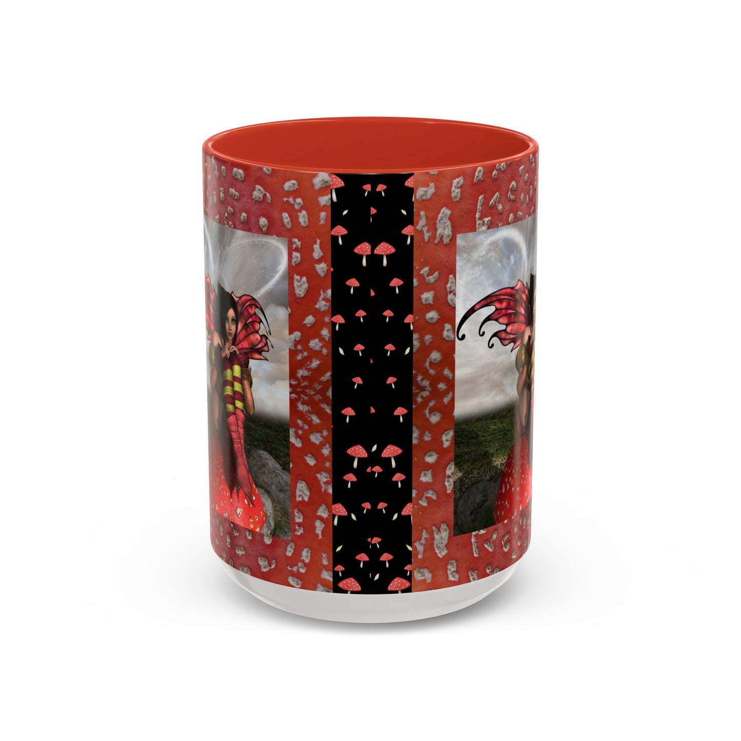 Fairy Coffee Mug, Red Mushroom Fairy Cup, Whimsical Ceramic Mug, Black and Red Mushroom Mug, Nature-Inspired Drinkware, Magical Fairy Tale Coffee Cup, (11, 15oz)