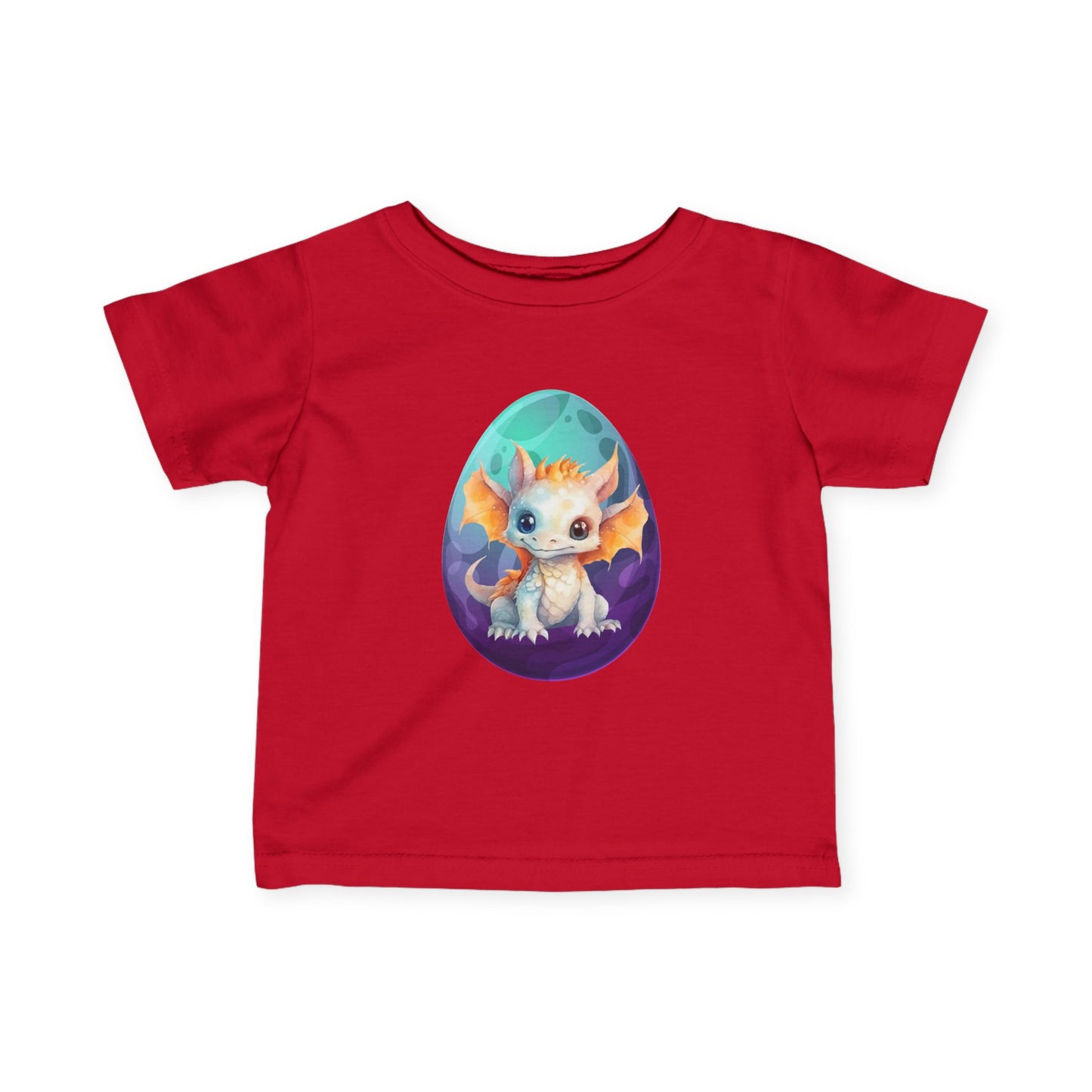 Dino Egg Infant Tee, Turquoise and Purple Baby T-Shirt, Cute Baby Dinosaur Graphic, Infant Fine Jersey Tee, Dino-Themed Baby Apparel, Vibrant and Playful Baby T-Shirt.