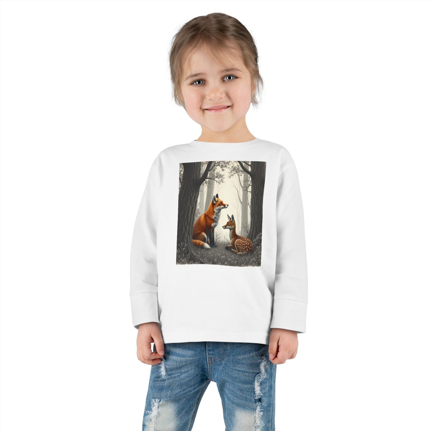 Fox and Baby Deer and Fox Long-Sleeved, Shirt Woodland Animal Shirt for Kids Unisex, Kids Nature-Themed Shirt, Forest Animal Clothing for Kids, Boys and Girls Long Sleeve Top, Toddler Long Sleeve,