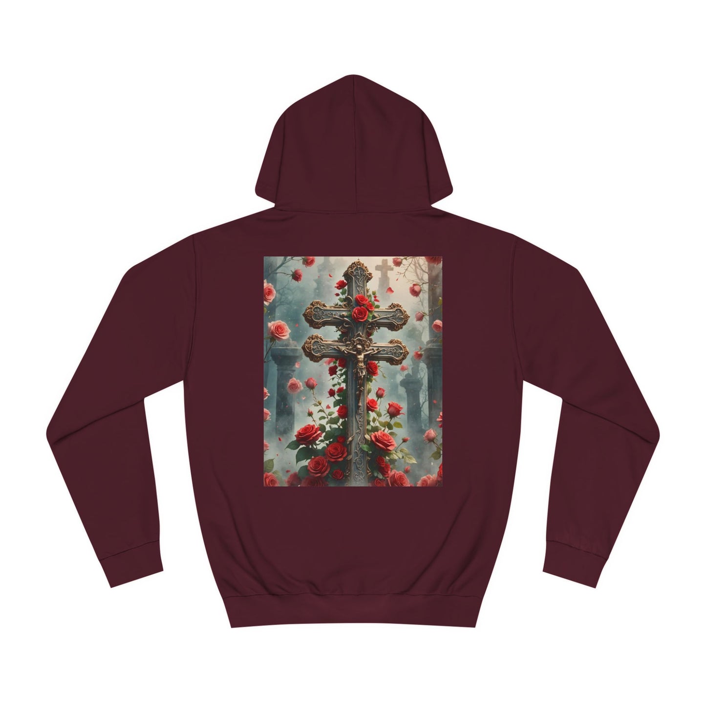 Jesus on the Cross Hooded Sweatshirt, Religious Graphic Hoodie, Faith-Inspired Apparel, Christian Symbolism Hoodie, Red Roses and Cross Design Hoodie.