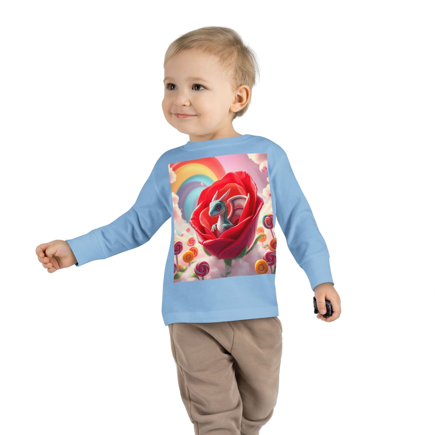 Toddler dragon tee, Toddler long-sleeved shirt, Soft and comfy tee, Mythical creature shirt, for kids Fantasy-themed toddler wear, Dragon and rose design, Toddler Long Sleeve Tee