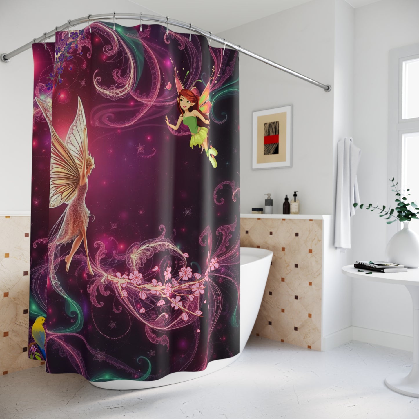 Fairies Shower Curtain, Fantasy Bathroom Decor, Whimsical Shower, Curtain Fairy Tale Bathroom Accessories, Fairy Themed Home Decor, Floral and Fairy Design Dreamy Bathroom Accessories Shower Curtains