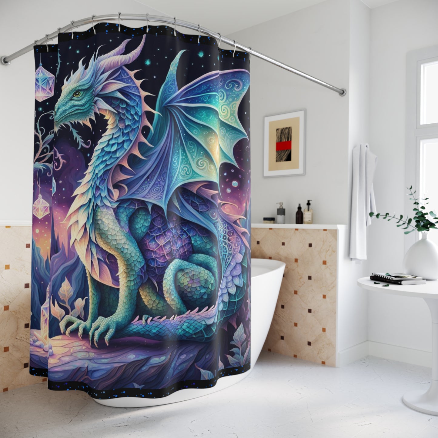 Dragon shower curtain, Crystal garden design shower Curtain, Fantasy bathroom décor, Mythical creature shower curtain, Crystal-themed décor Bathroom décor, Dragon décor, Shower Curtains