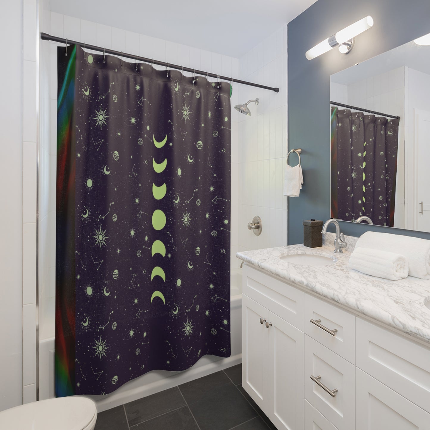 Dark Rainbow Shower Curtain, Moon Phases Bathroom Decor, Star Signs Shower Curtain, Astrology-Inspired Bathroom Accessories, Bridal Shower Gift.