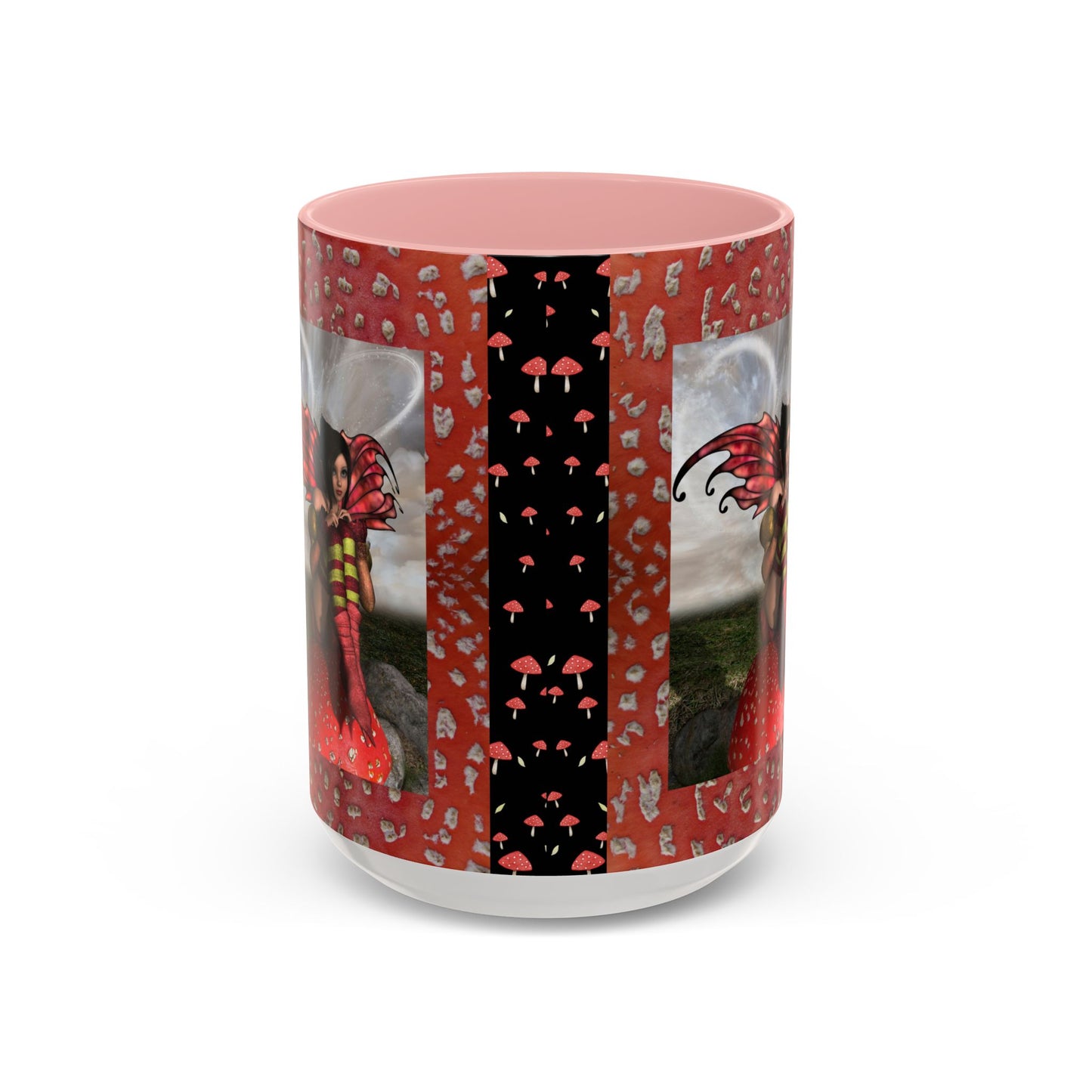 Fairy Coffee Mug, Red Mushroom Fairy Cup, Whimsical Ceramic Mug, Black and Red Mushroom Mug, Nature-Inspired Drinkware, Magical Fairy Tale Coffee Cup, (11, 15oz)