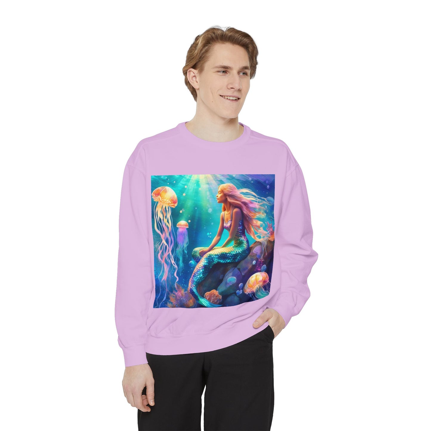 Mermaid Sweatshirt, Ocean Mermaid Sweatshirt, Mermaid Lovers Gift, Jelly fish and Mermaid sweatshirt, Colorful Mermaid Sweatshirt, Unisex Garment-Dyed Sweatshirt.