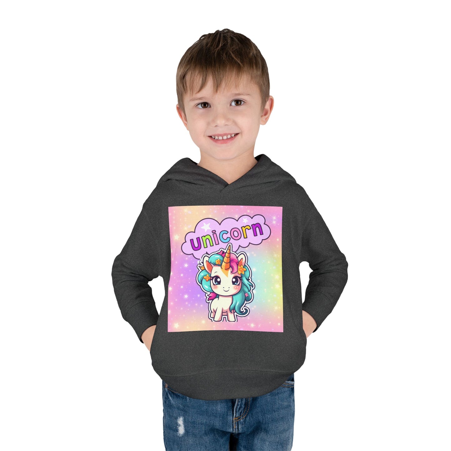 Toddler Unicorn Hoodie, Baby Unicorn Fleece Pullover, Rainbow Background Kids Hoodie, Cozy Toddler Unicorn Sweatshirt, Cute Unicorn Graphic Hoodie.