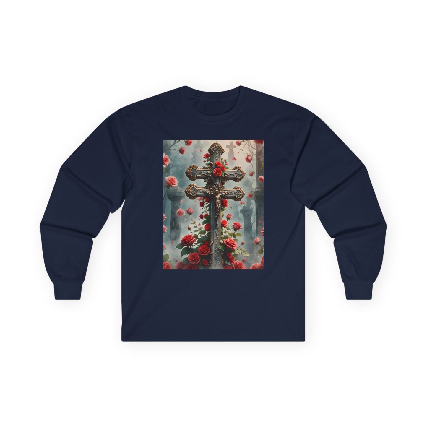 Cross and Roses Long Sleeve Shirt, Jesus on the Cross Long-Sleeved Tee, Religious Graphic Long-Sleeved Shirt, Faith-Inspired Long Sleeve Apparel.