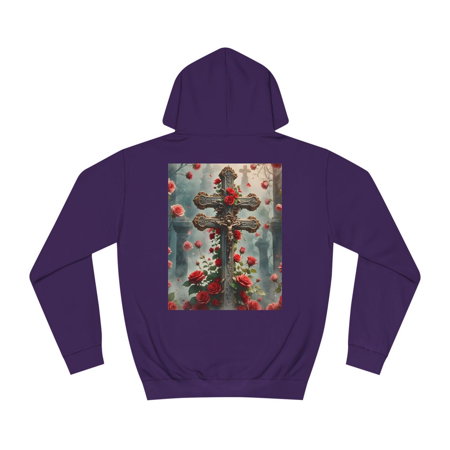 Jesus on the Cross Hooded Sweatshirt, Religious Graphic Hoodie, Faith-Inspired Apparel, Christian Symbolism Hoodie, Red Roses and Cross Design Hoodie.