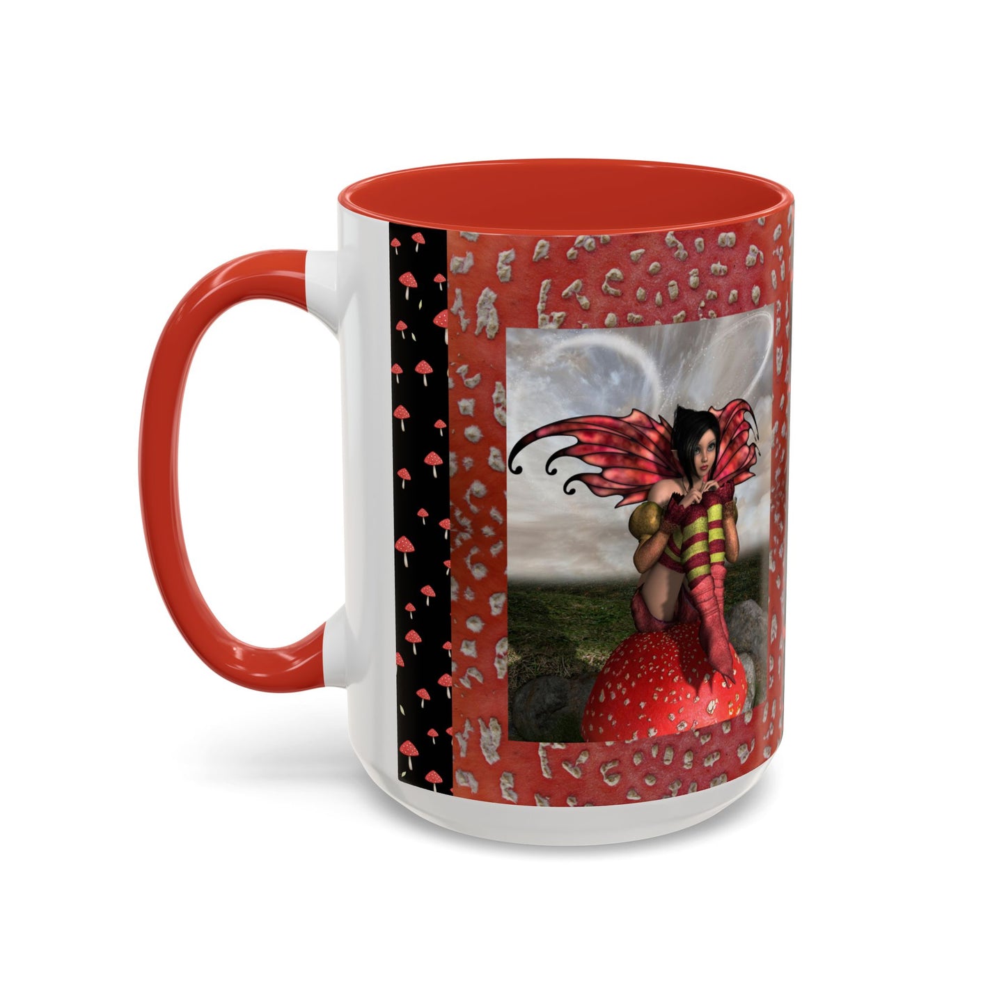 Fairy Coffee Mug, Red Mushroom Fairy Cup, Whimsical Ceramic Mug, Black and Red Mushroom Mug, Nature-Inspired Drinkware, Magical Fairy Tale Coffee Cup, (11, 15oz)