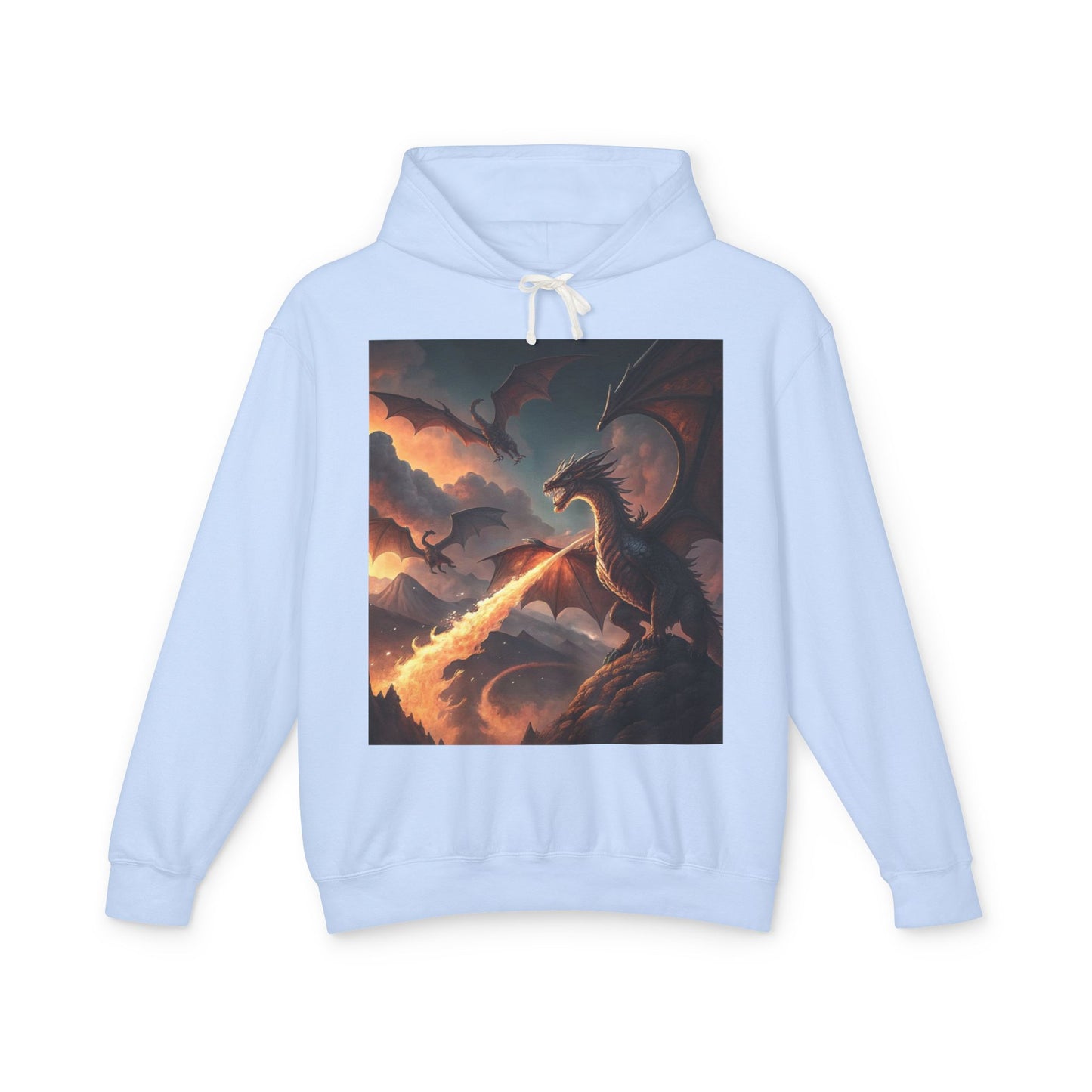 Dragon Graphic Hoodie, Fire-Breathing Dragon Pullover, Pocket-Free Dragon Hoodie, Fantasy-Inspired Hoodie, Mythical Creature Hooded Sweatshirt, Sleek Dragon Apparel.