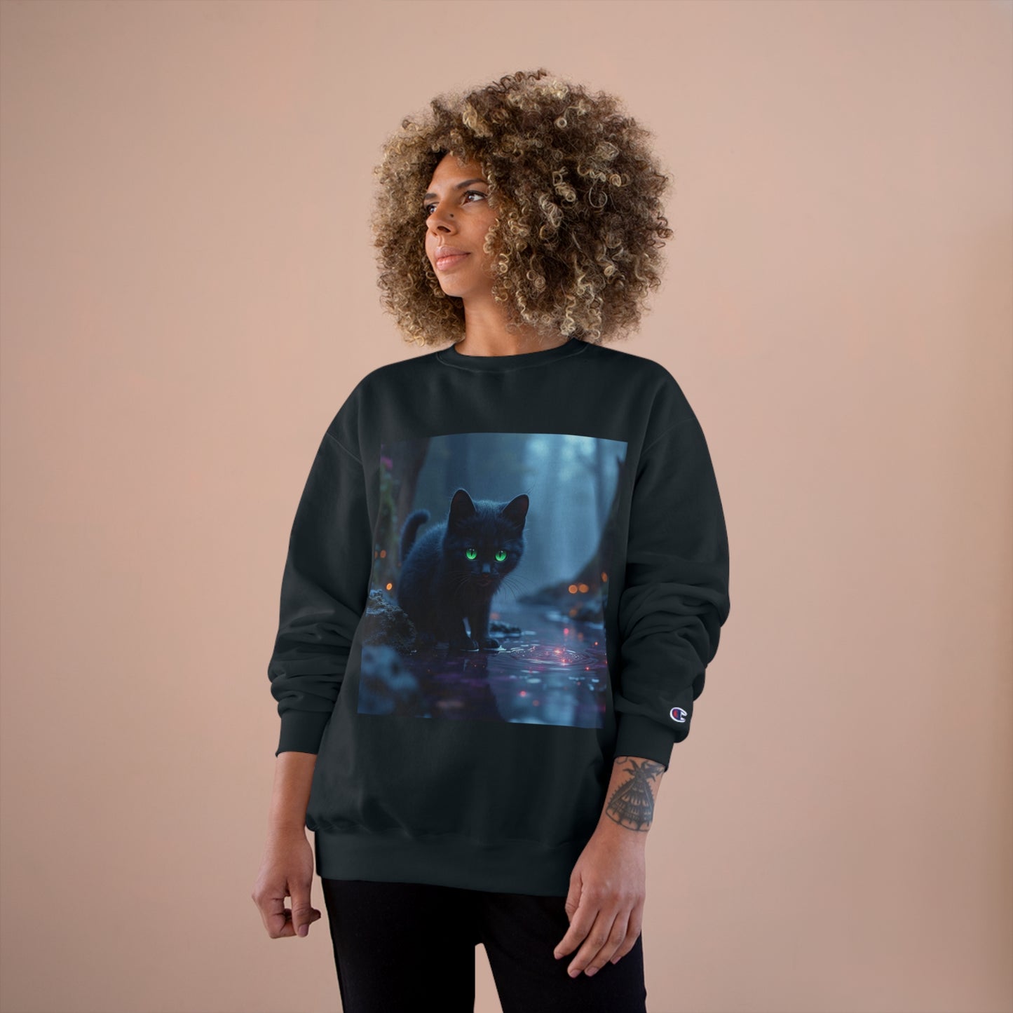 #BlackCatSweatshirt, #CatApparel, #BlackCatMagic, #CatFashion, #MysticalKitty, #FelineFashion, #BlackCatDesign, #WitchyVibes, #CatLoverStyle, #EnchantedCat, Champion Sweatshirt