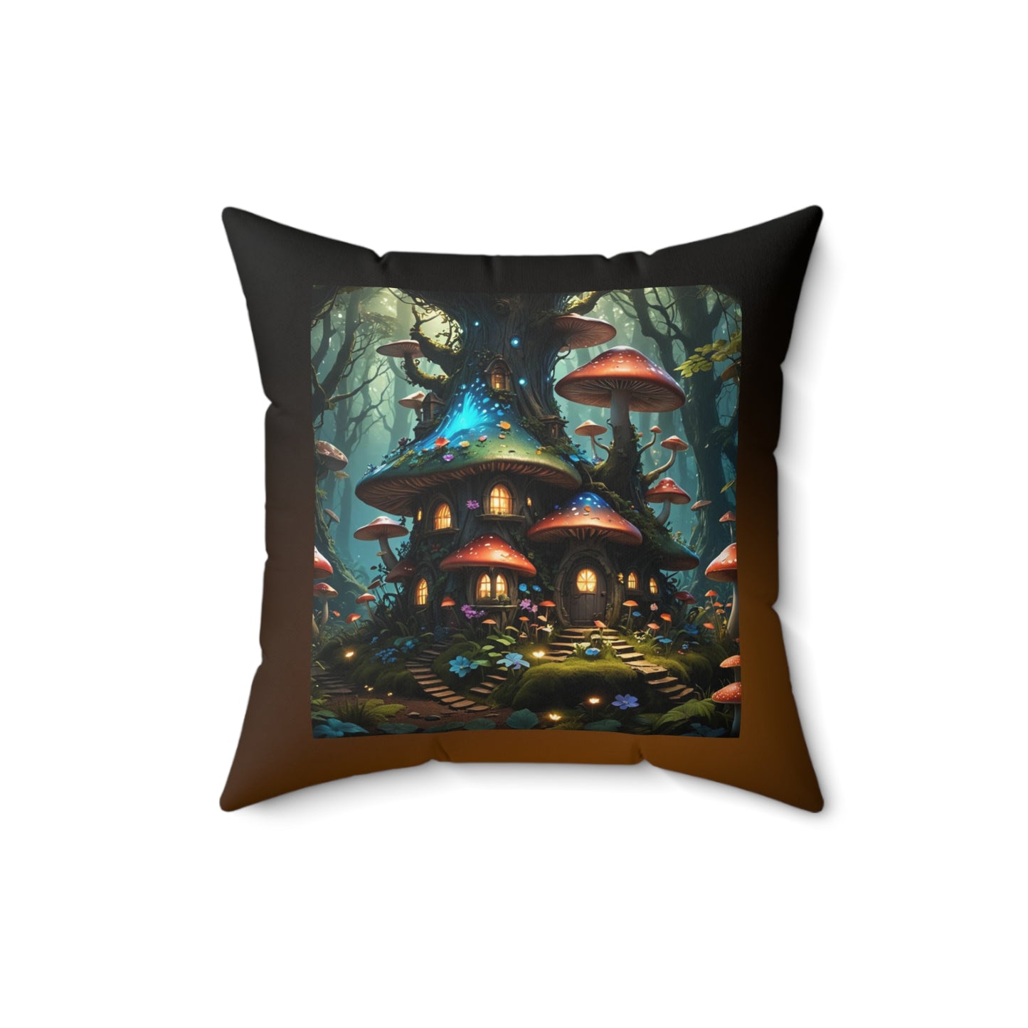 Mushroom Tree House Pillow, Fantasy-Themed Square Pillow, Nature-Inspired Pillow, Whimsical Home Decor, Spun Polyester Throw Pillow; Mushroom house Spun Polyester Square Pillow