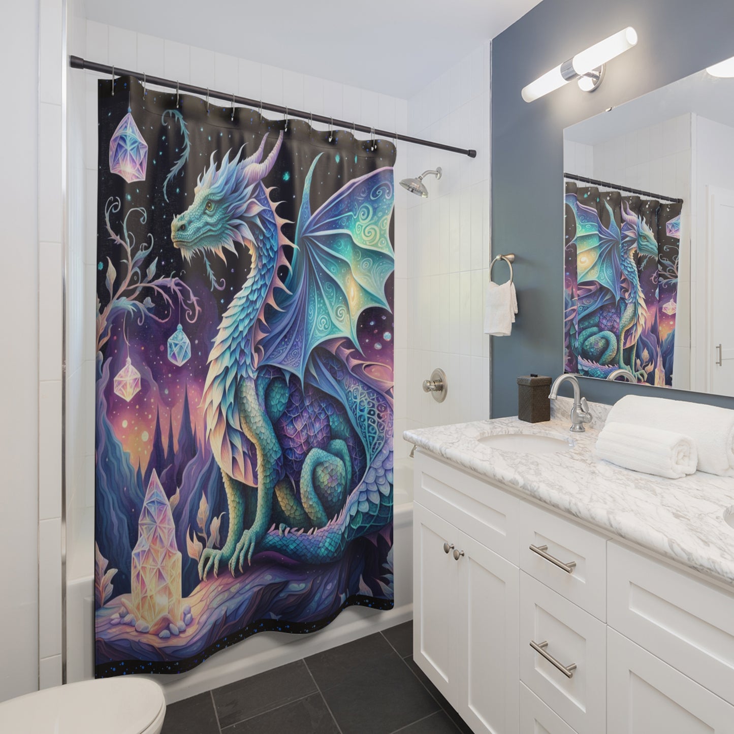 Dragon shower curtain, Crystal garden design shower Curtain, Fantasy bathroom décor, Mythical creature shower curtain, Crystal-themed décor Bathroom décor, Dragon décor, Shower Curtains