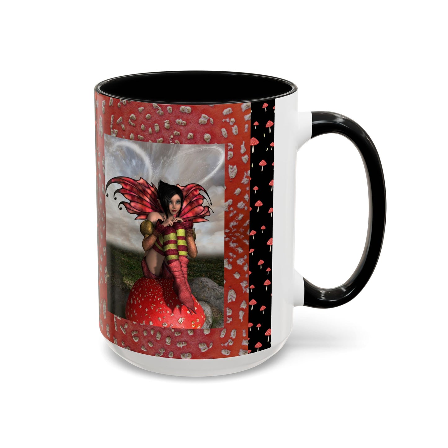 Fairy Coffee Mug, Red Mushroom Fairy Cup, Whimsical Ceramic Mug, Black and Red Mushroom Mug, Nature-Inspired Drinkware, Magical Fairy Tale Coffee Cup, (11, 15oz)