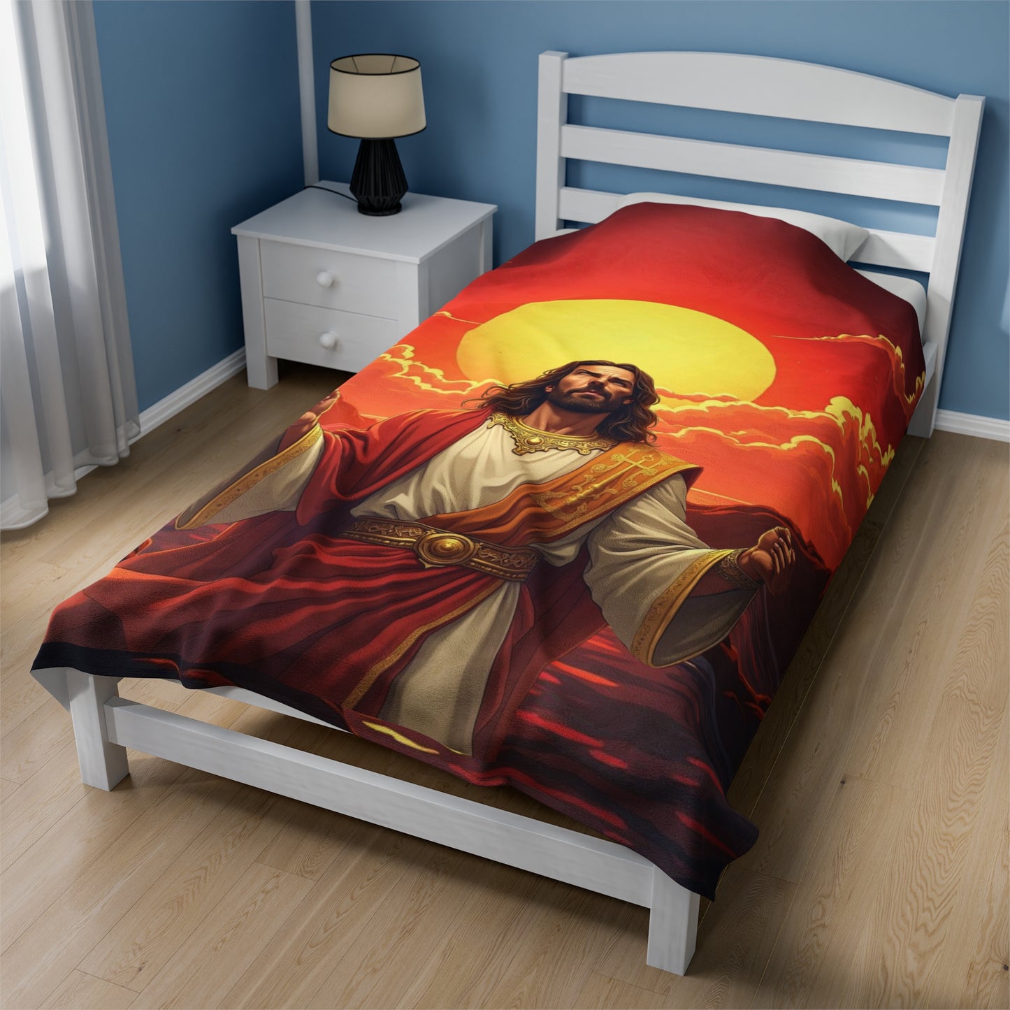 Jesus sunrise blanket, Spiritual decor blanket, Religious comfort throw, Inspirational Christian blanket, Sunrise with Jesus design Faith-based blanket, Peaceful morning scene, Velveteen Plush Blanket.