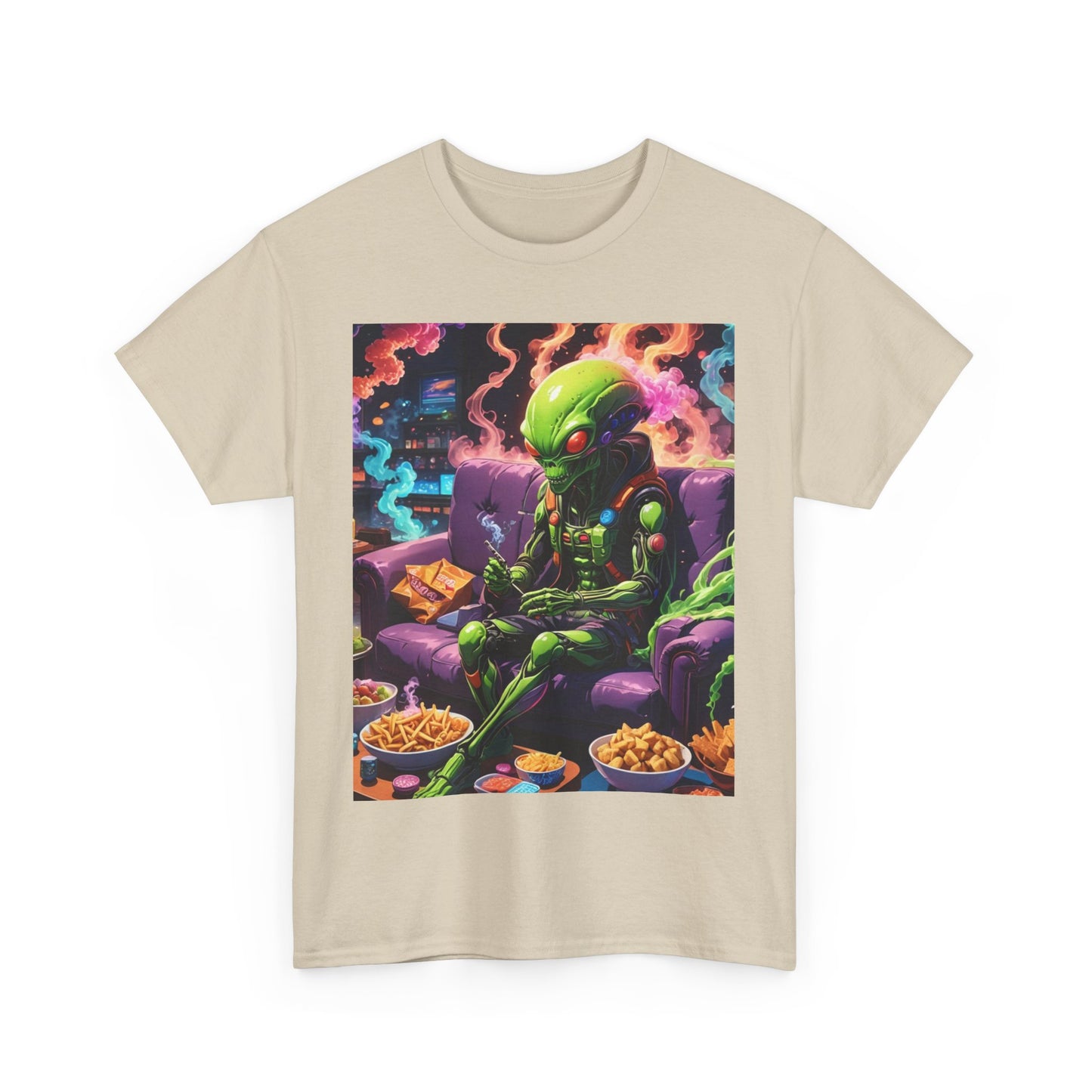 Alien Chilling Weed Tee, Fun Graphic Alien T-Shirt, Colorful Smoke Alien Design Shirt, Unique Weed-Themed Clothing, Unisex Heavy Cotton Tee.